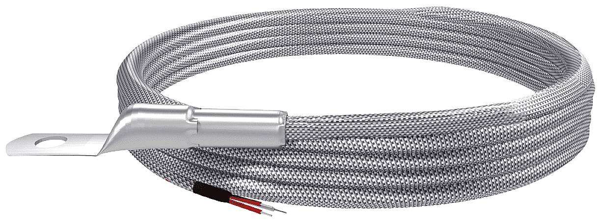A silver heating cable with an insulating layer, suitable for industrial applications, is coiled up.