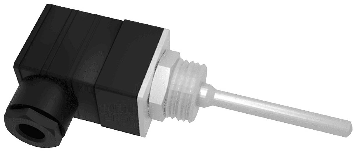 A cylindrical metal sensor with a black housing and connection.