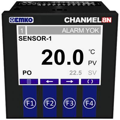A digital temperature display device shows '20.0 °C' for 'Sensor-1'. Top right 'CHANNEL 8N', no alarm. Four function buttons at the bottom.
