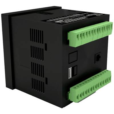 A black electronic device with green terminal connectors on two sides.