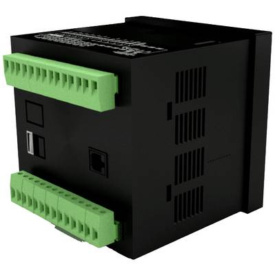Black rectangular electronic device with green connection terminals on two sides, for industrial control applications.