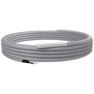 A grey, coiled cable with exposed wire ends, suitable for electrical installations or technical applications.