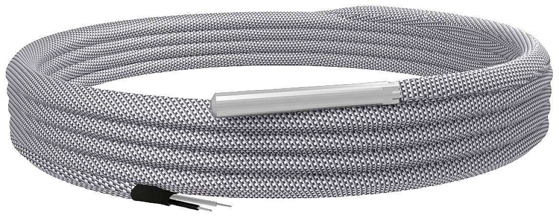 A grey, textile-covered heating cable, coiled in several loops. The front end shows two exposed wires.