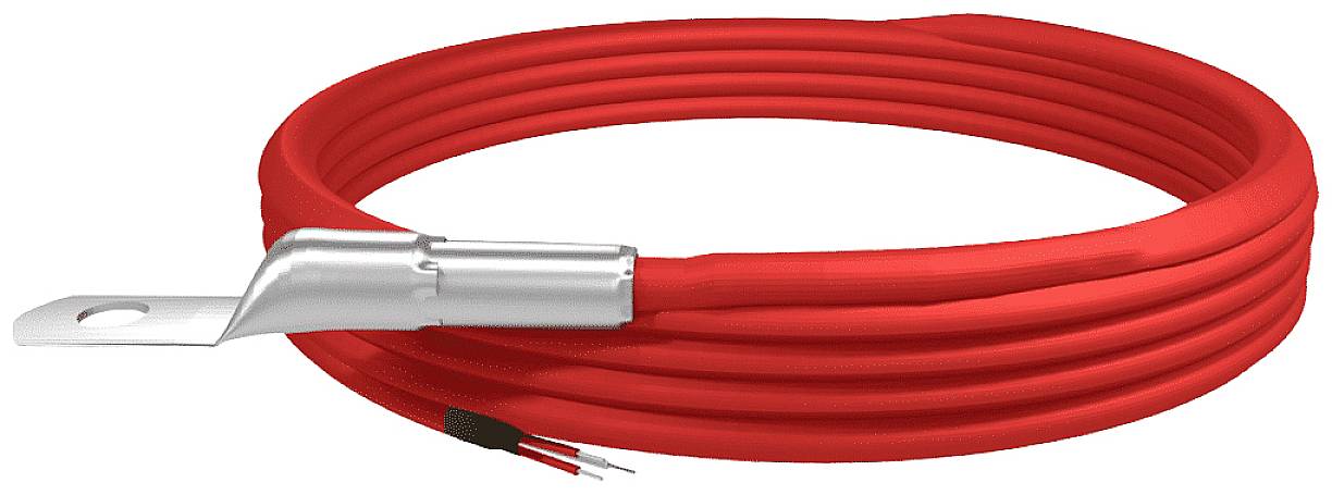 Red cable with mounting tab and two free ends.