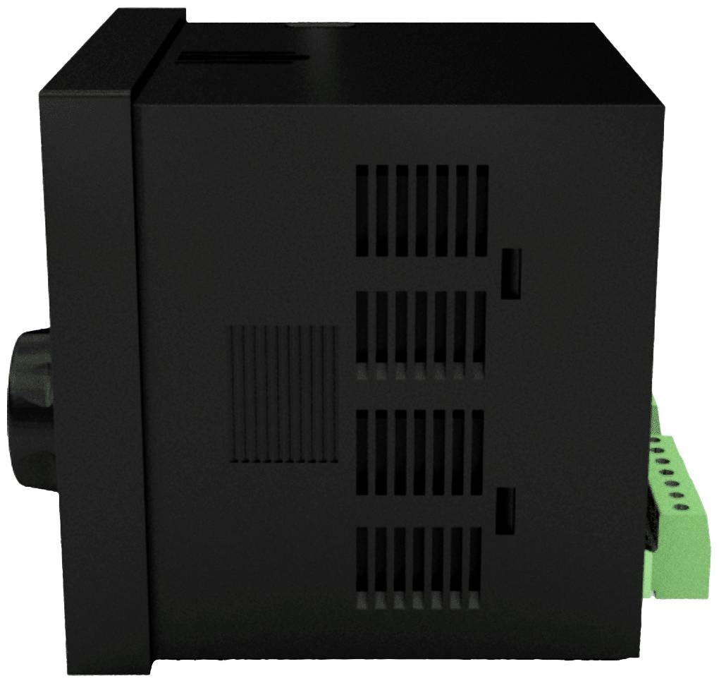 Black, rectangular electronic device with ventilation slots on the side and green connectors, likely a control unit.