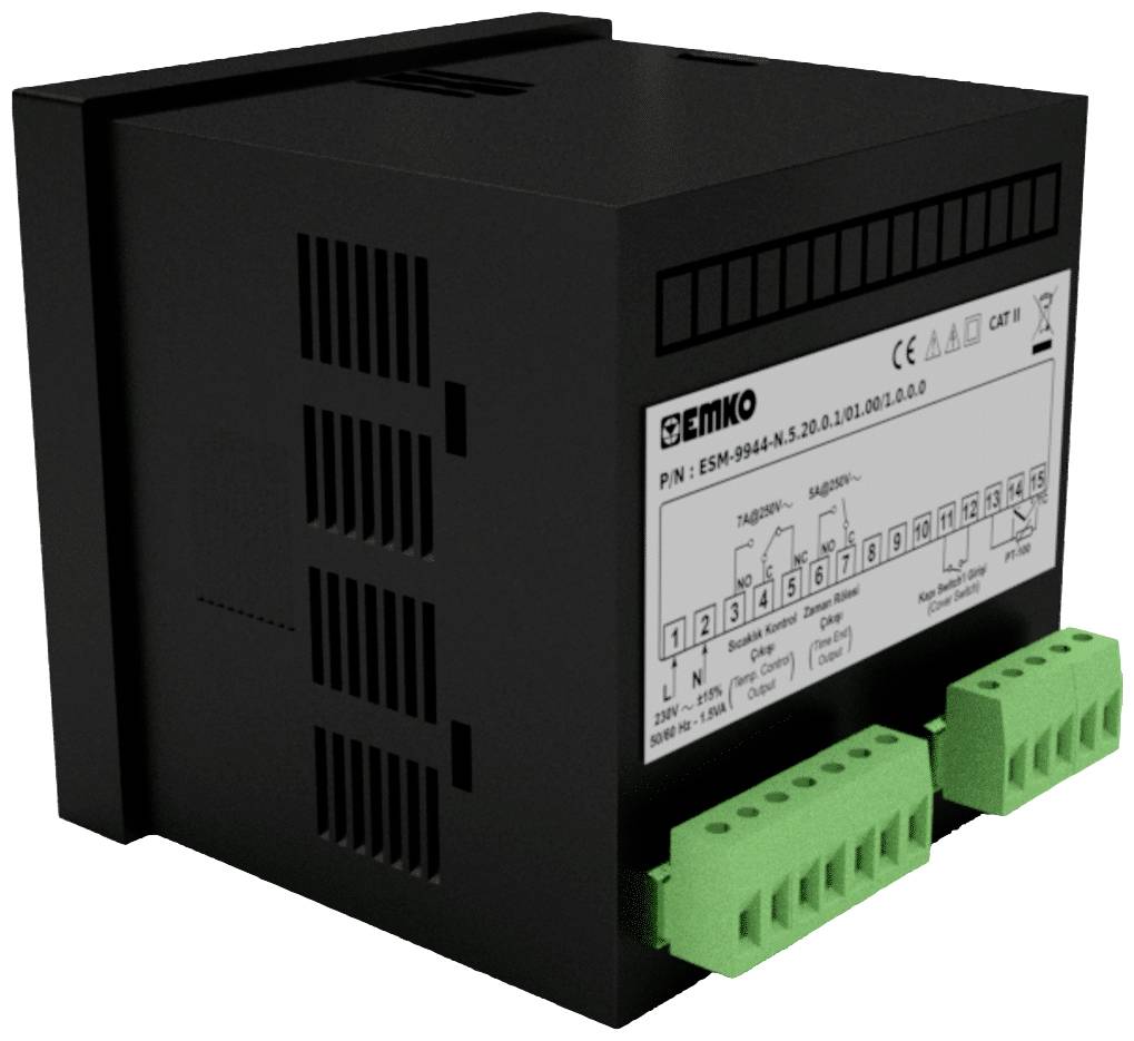 Black electronic device with green connectors and a label displaying technical specifications, used for temperature control.