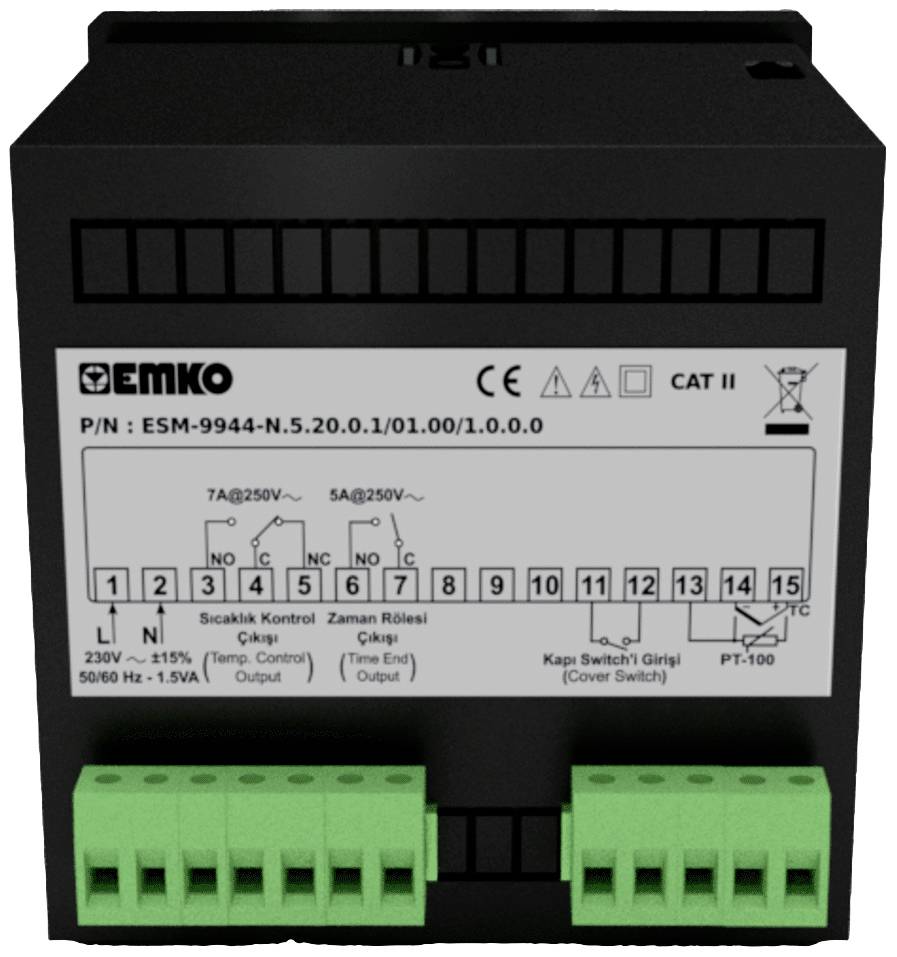 A black electronic device with a front panel displaying several green terminal connectors, symbols, and technical specifications.