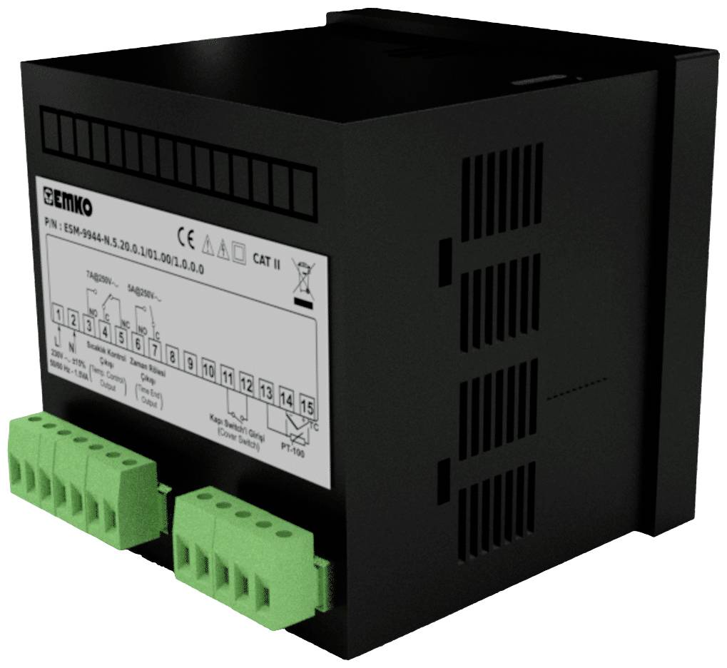 A black electrical device with green terminal connectors and a label with technical specifications on the front.