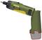 A cordless drill in green with yellow accents, brand name 'Proxxon' visible, standing upright.