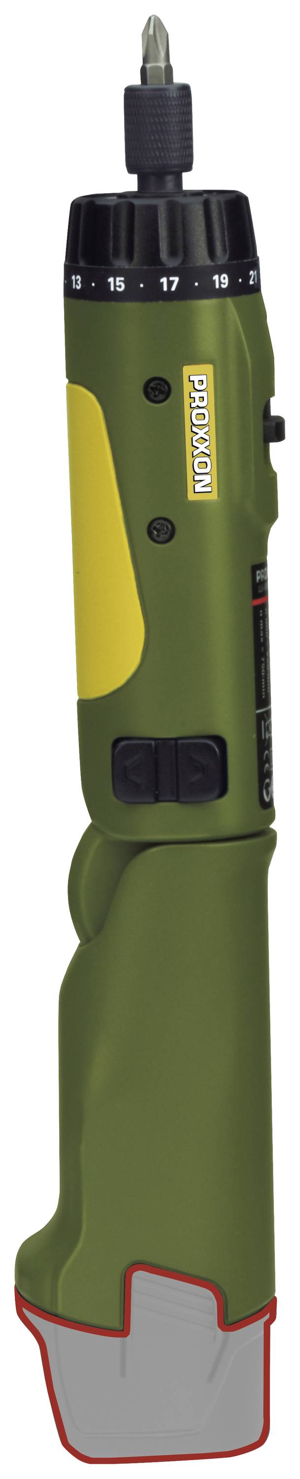 Cordless drill in green with a yellow detail. Standing vertically. Shows a scale from 1 to 18 at the top and has a black button control.