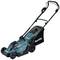 A blue lawnmower with a black handle and four wheels, suitable for mowing lawns. The brand name 'Makita' is visible.