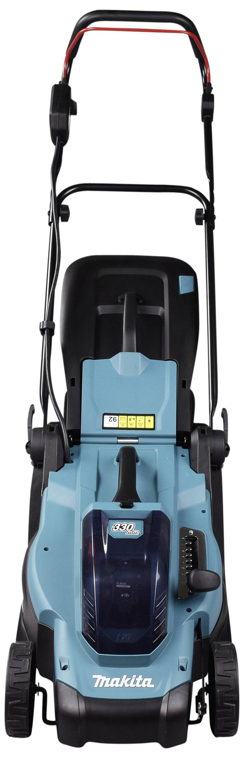 Lawnmower viewed from the front with a blue cover, black handle, and four wheels. 'Makita' brand name on the front.