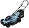 Electric lawn mower in blue with a black grass collection box, four wheels and a handle, suitable for garden maintenance.
