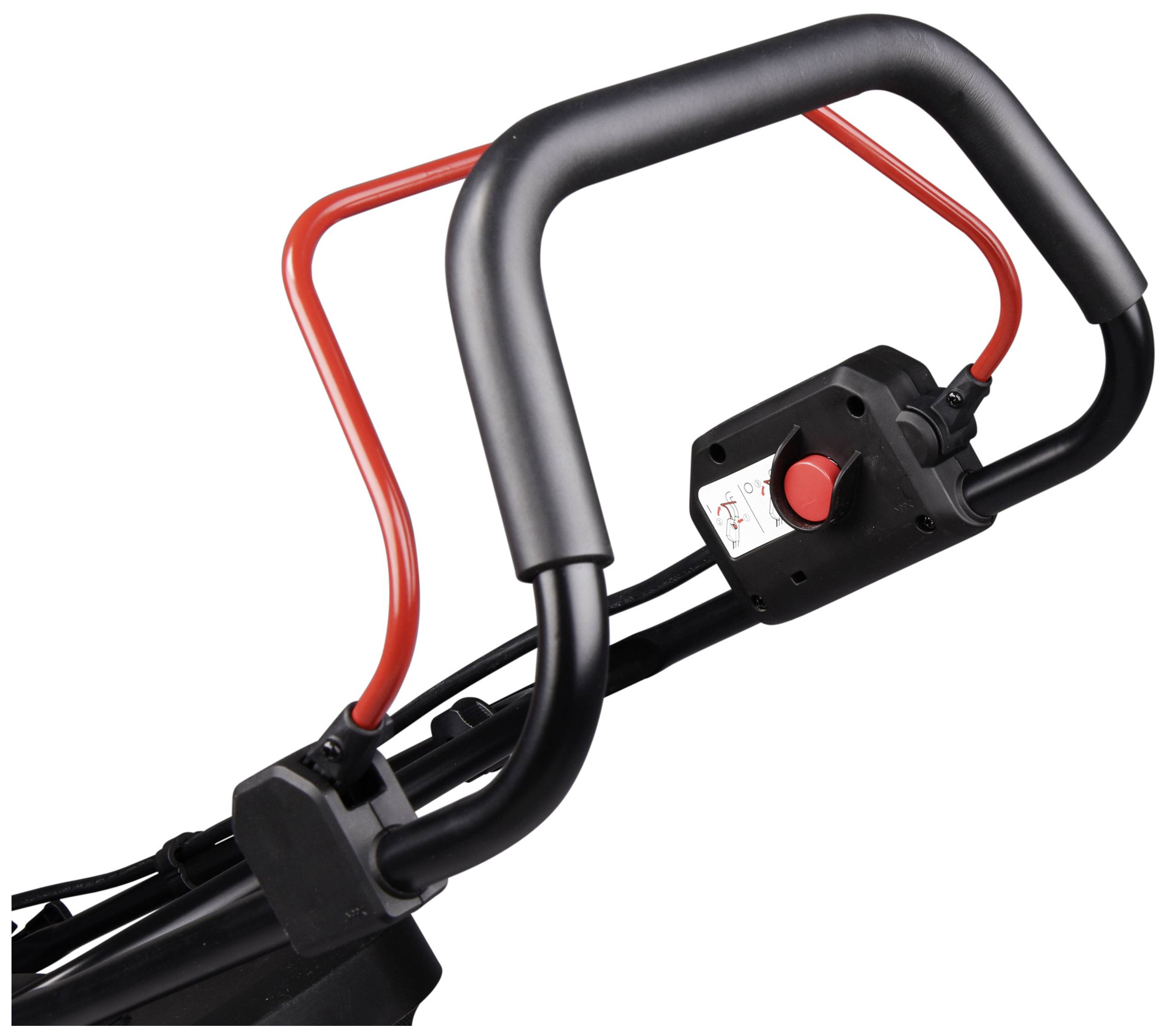 Handle of a lawnmower with a red safety button and black control bars for steering and safe handling.