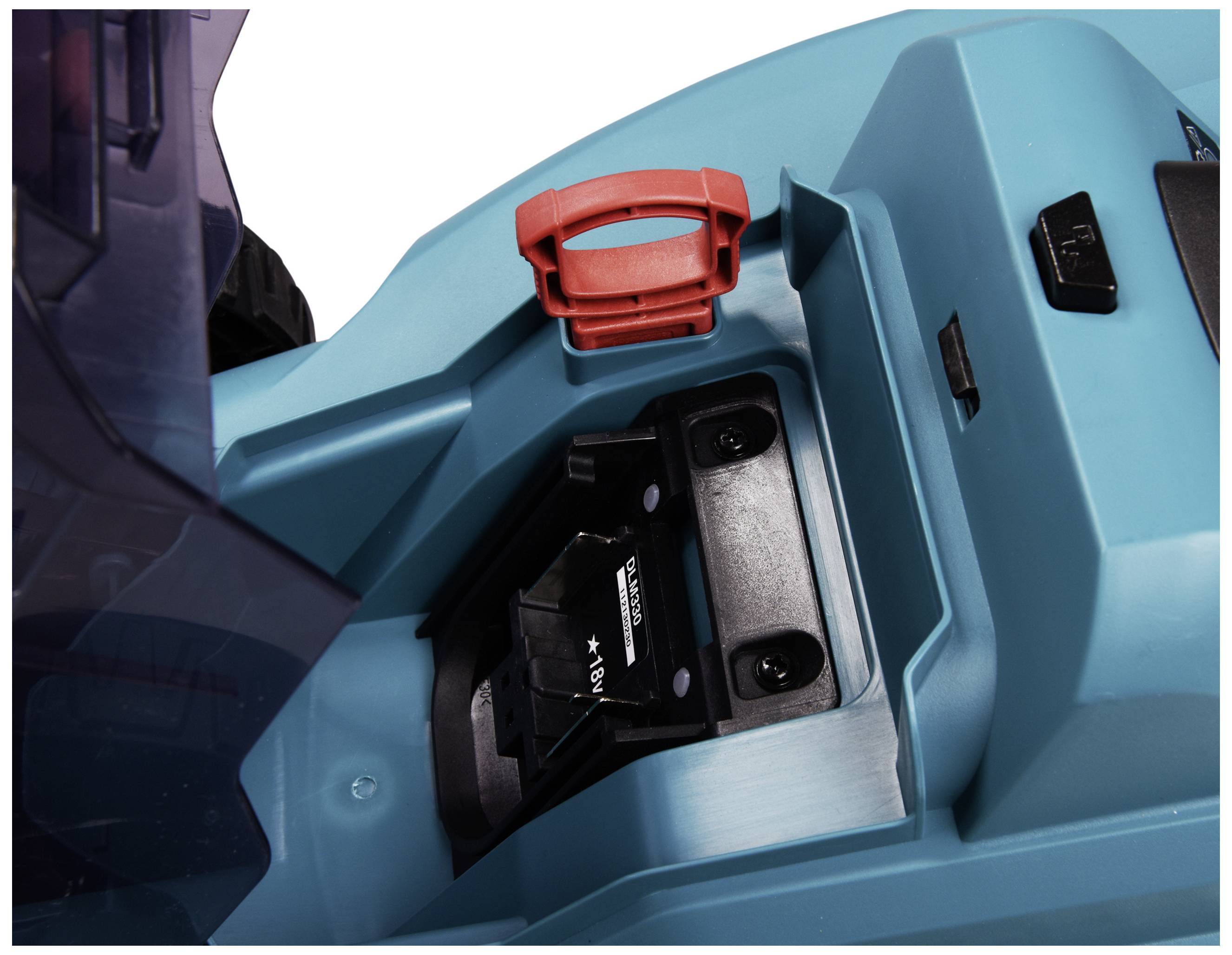 A power switch on a blue device with a red safety lock.