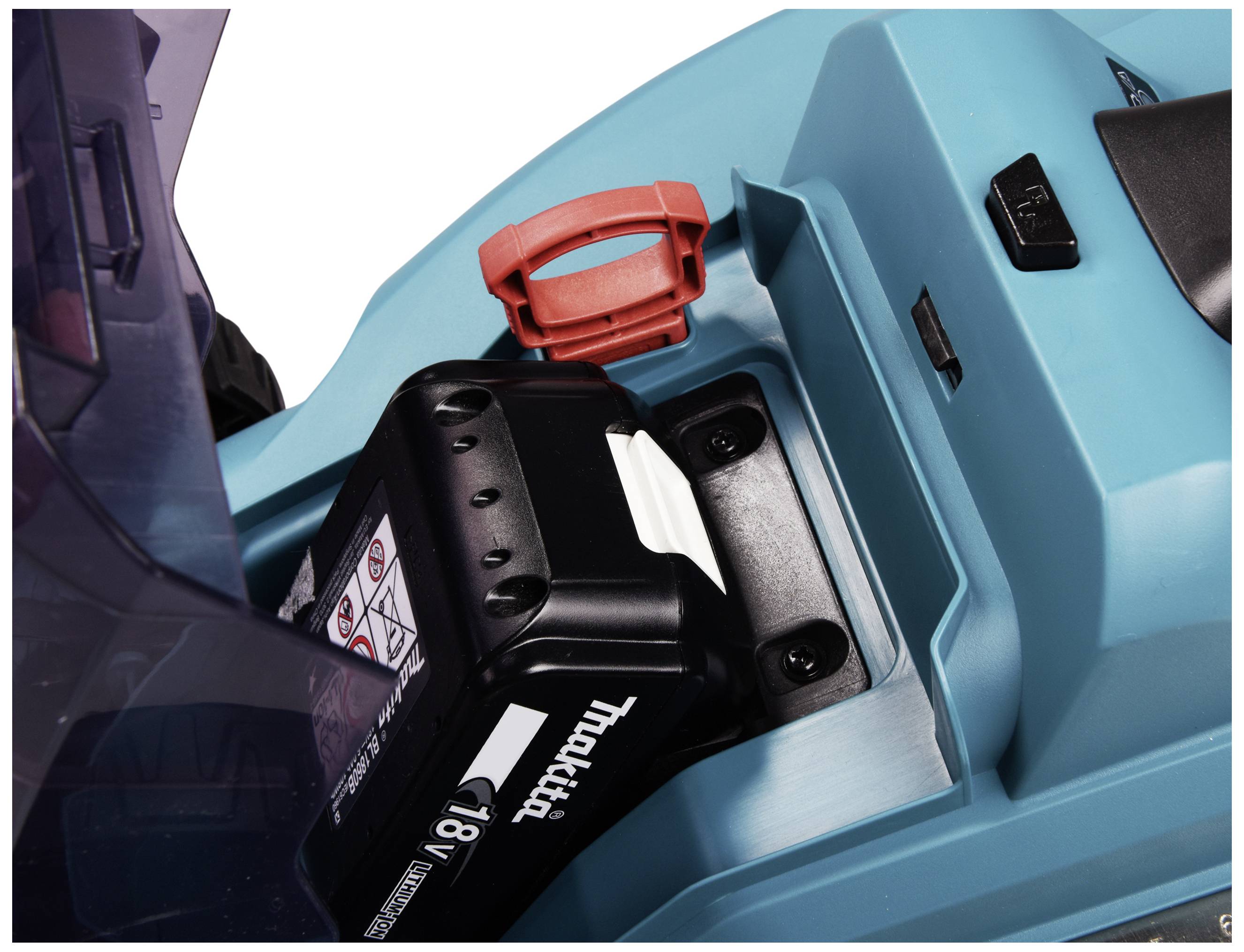 Cordless drill with battery pack inserted, red locking clip, and blue casing.