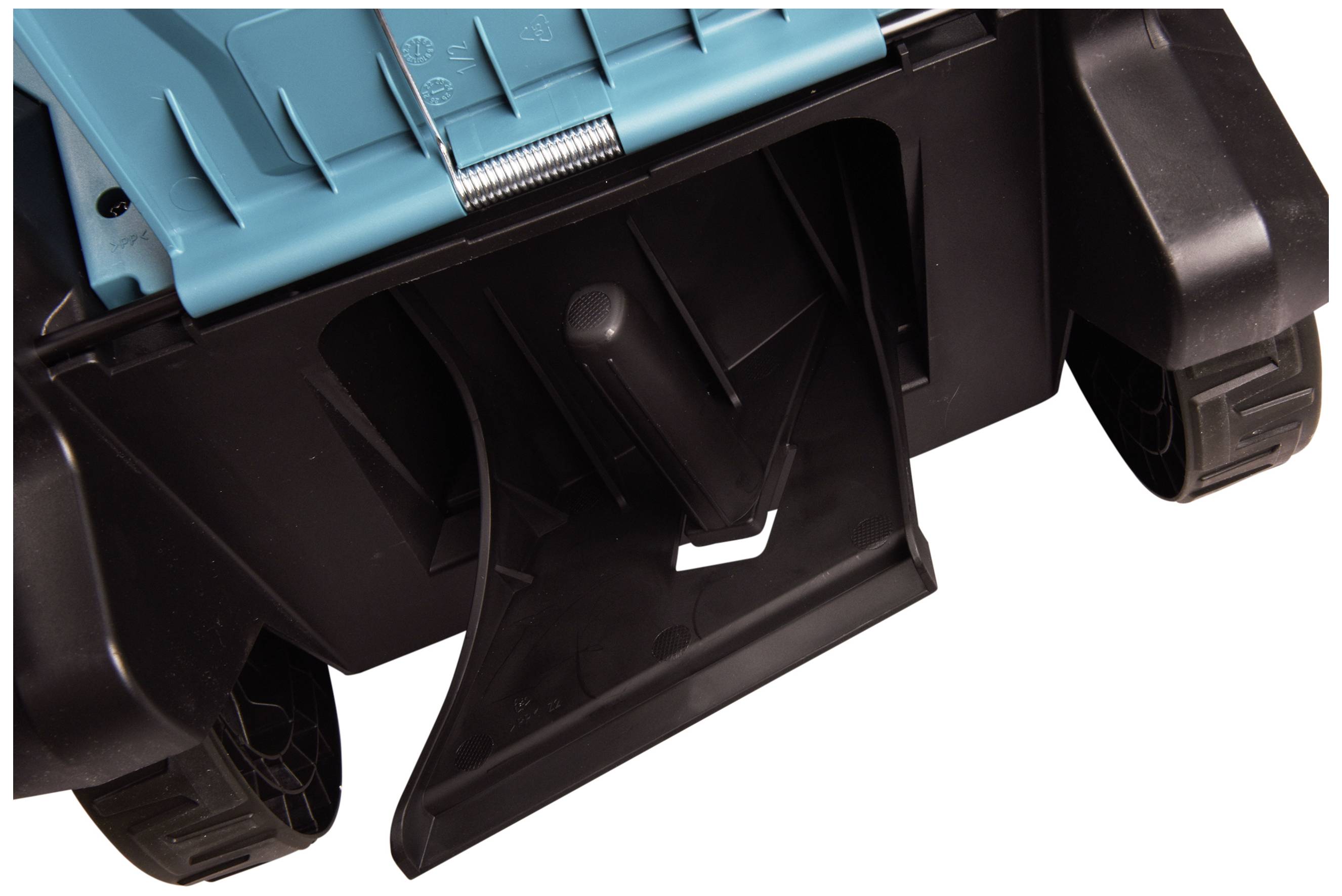 Rear view of a lawn mower with the cleaning position flipped open, which facilitates access to the cutting mechanism.