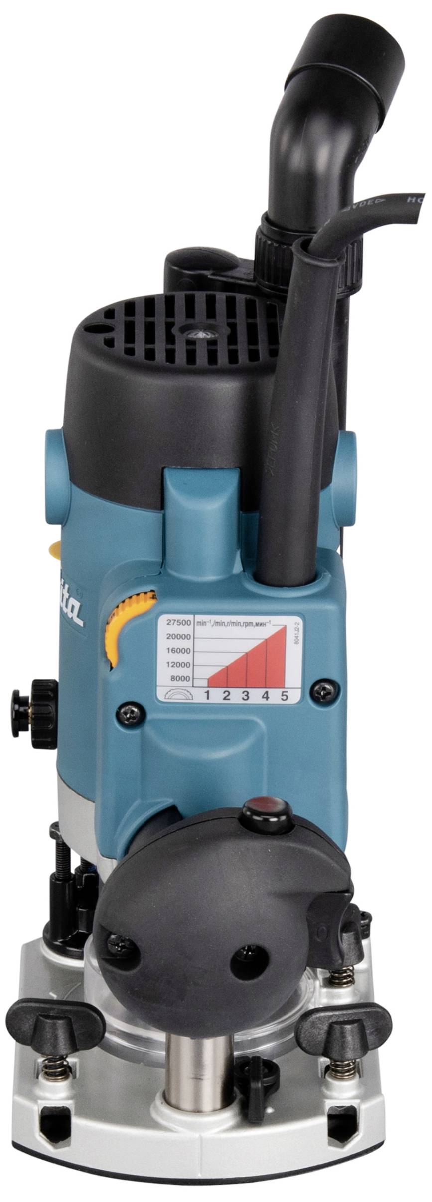 A blue electric hand router with a black handle and measurement scale on the front. It is used for professional woodworking.