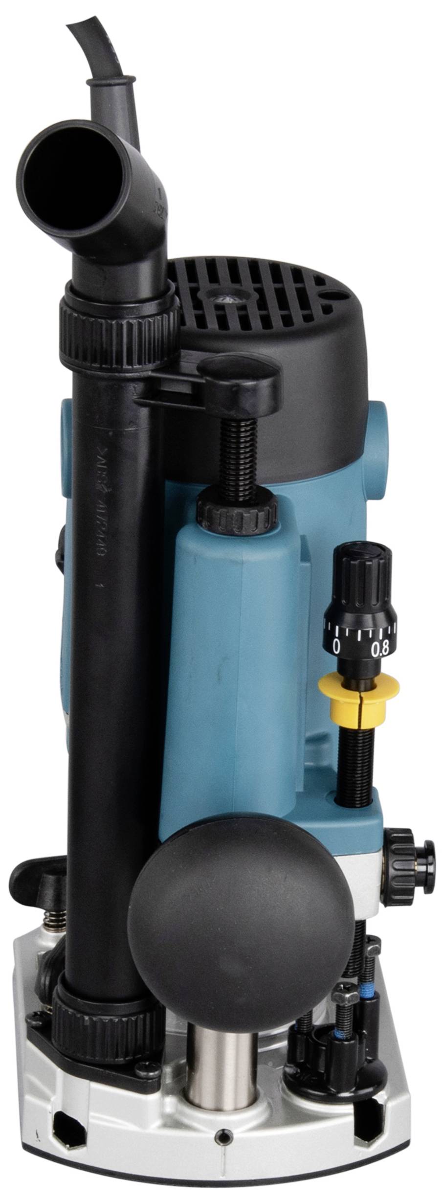 Image of a blue electric router with black control elements. It has a black handle and an adjustment dial for the milling depth.