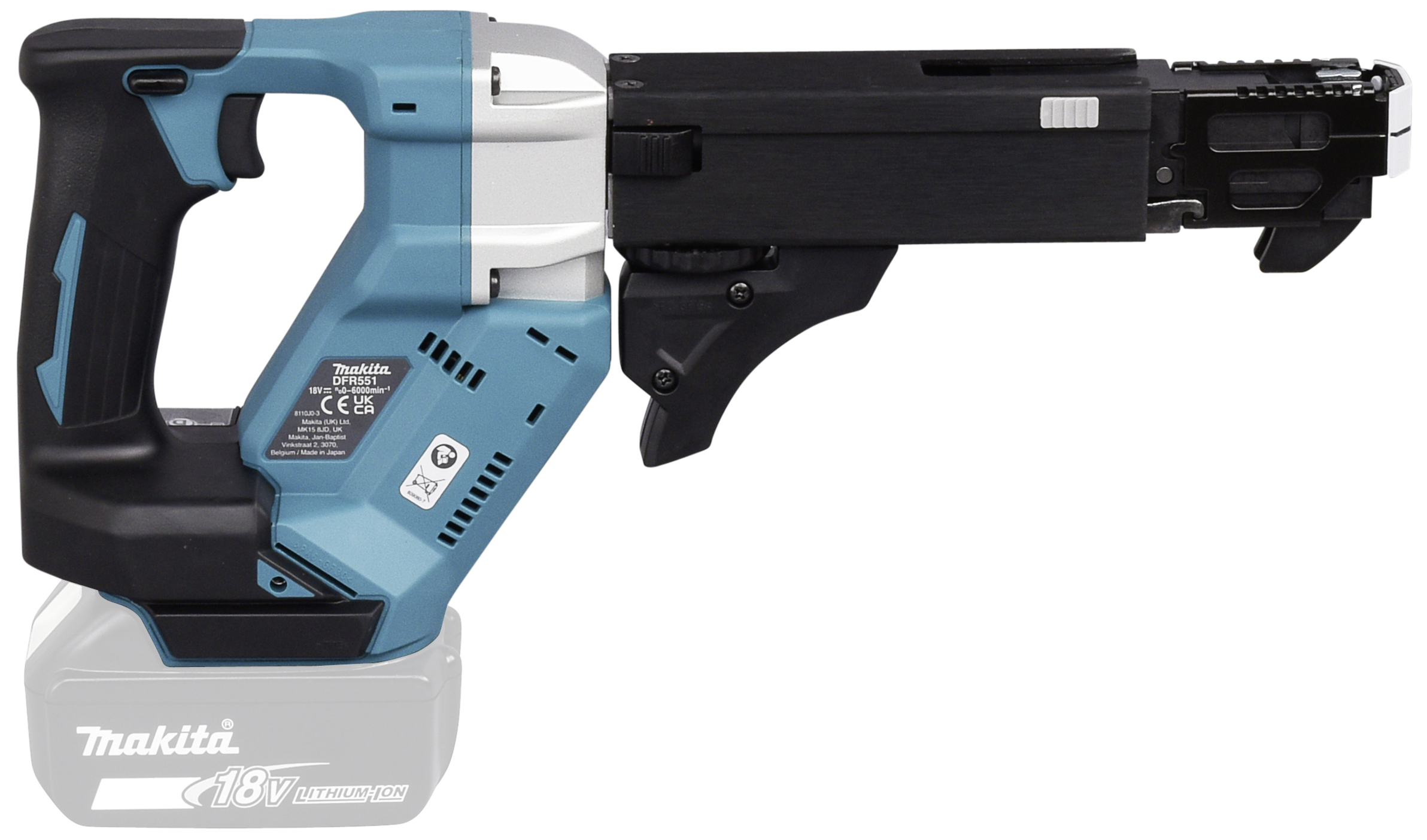 Cordless drill with blue and black casing. A product label with technical details and logos is located on the side.