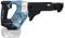 Cordless drill with blue and black casing. A product label with technical details and logos is located on the side.