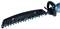 Electric hedge trimmer with blue-black casing and sharp blades, suitable for cutting shrubs and hedges.