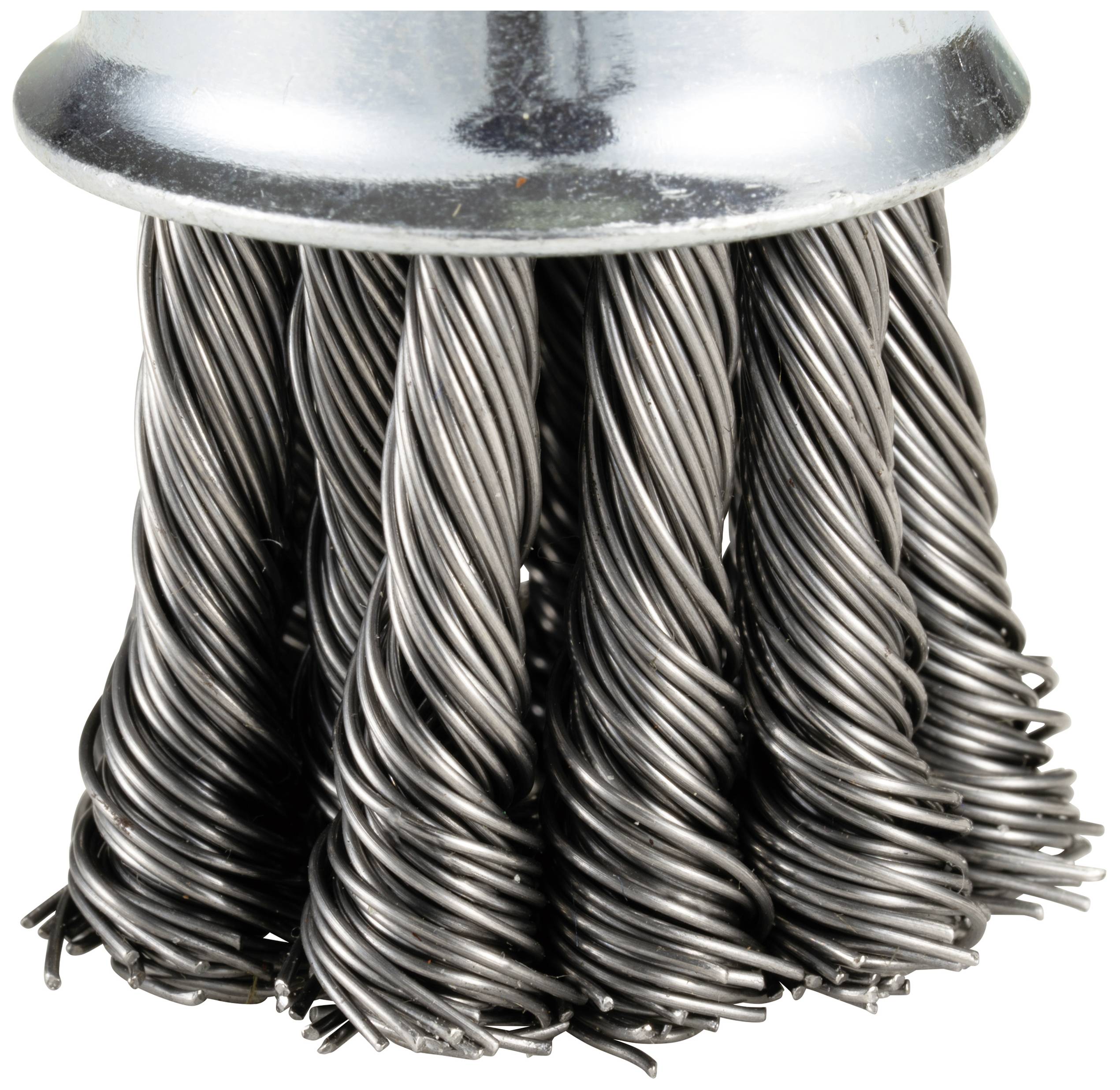 Wire brush with twisted steel bristles, suitable for removing rust, paint, and dirt from metal surfaces.