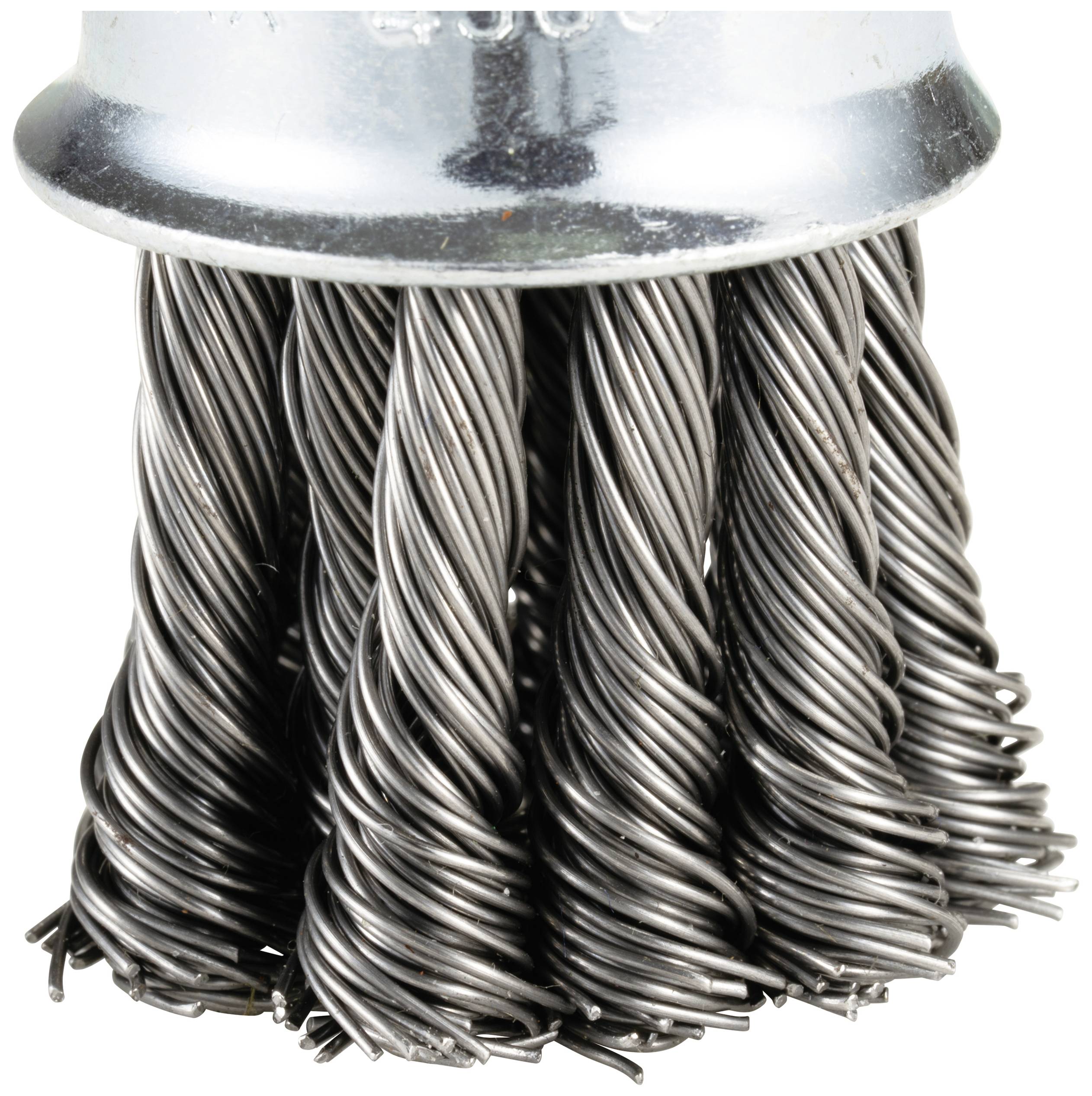 Steel wire brush with twisted, metallic bristles, used for heavy-duty cleaning tasks or rust removal.