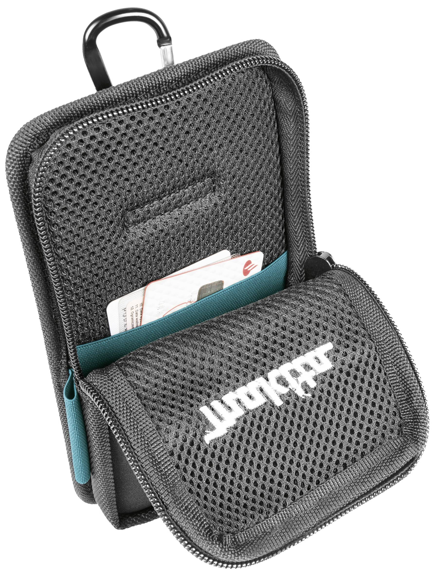 A grey, open zip-up bag with a mesh pocket that securely stores cards or small items.