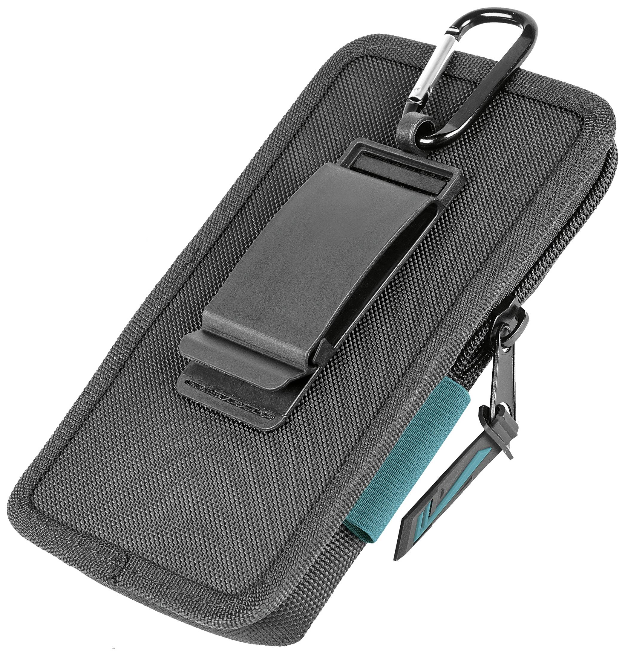 Black bag with zip and carabiner hook for attachment. Contains a robust belt loop on the back.