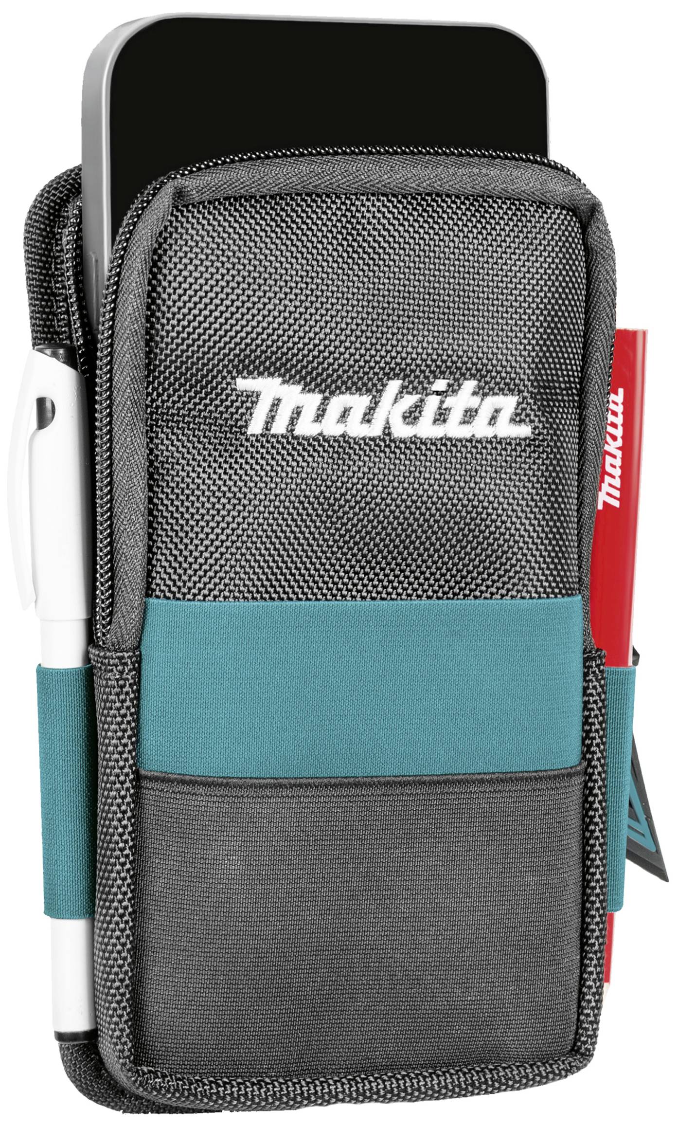 Smartphone in a black, fabric-based carry case with a white and a red pen in side pockets.