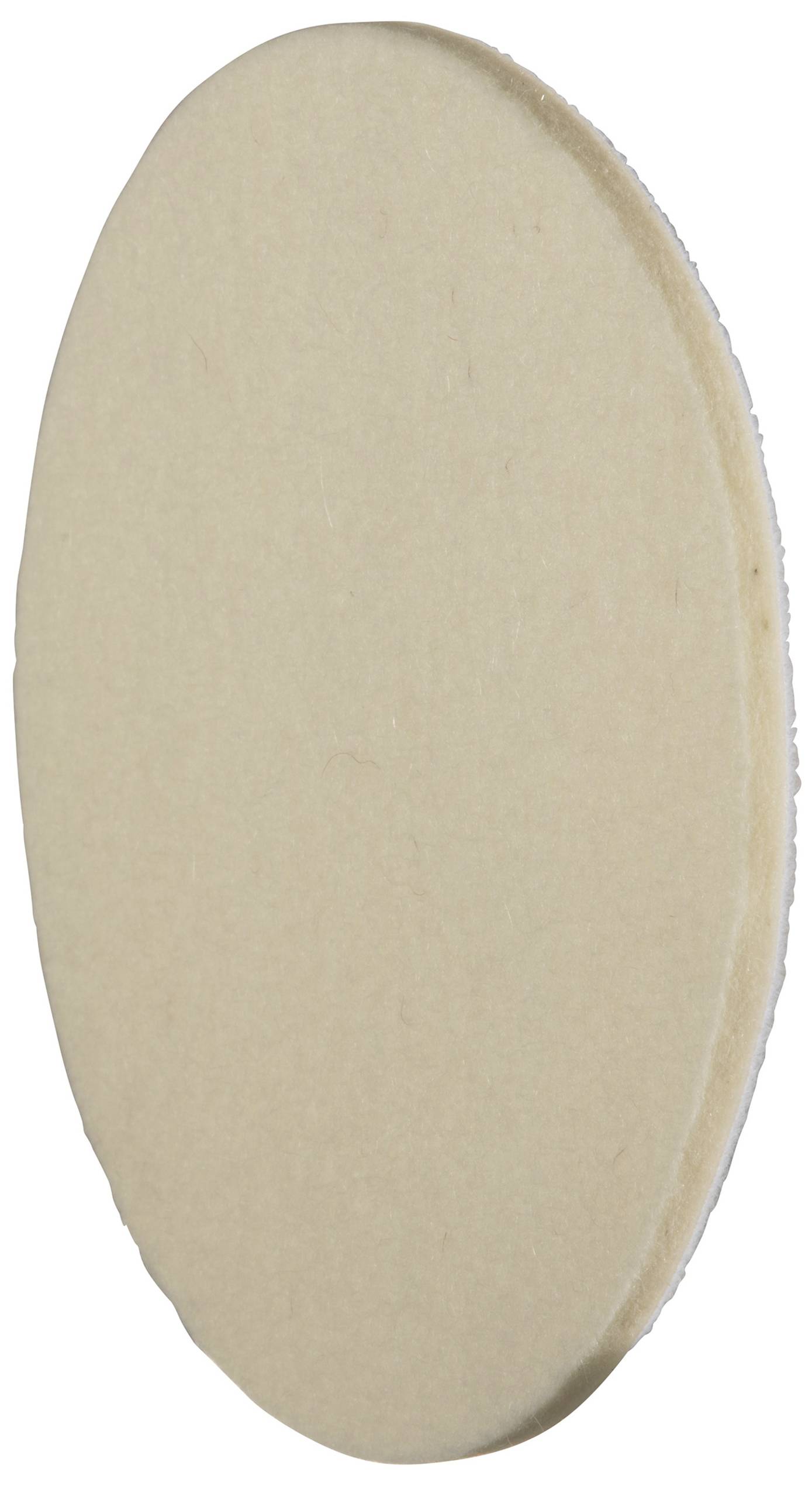 An oval, beige felt polisher for use with machine tools, shown from the side. Ideal for polishing work on metal surfaces.