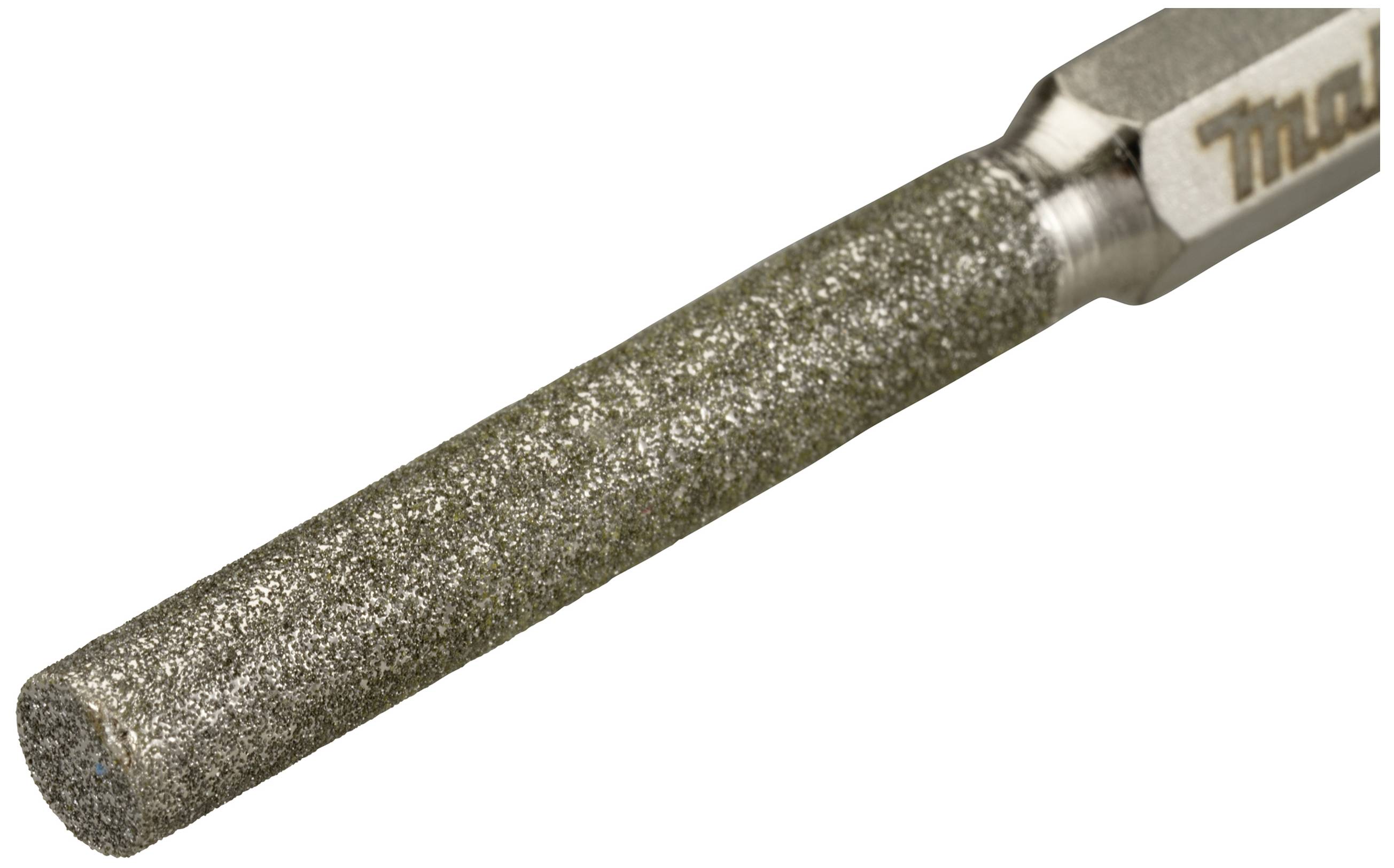 A cylindrical diamond drill bit with a hexagonal shank and a rough, sparkling tip for precise drilling into hard materials.