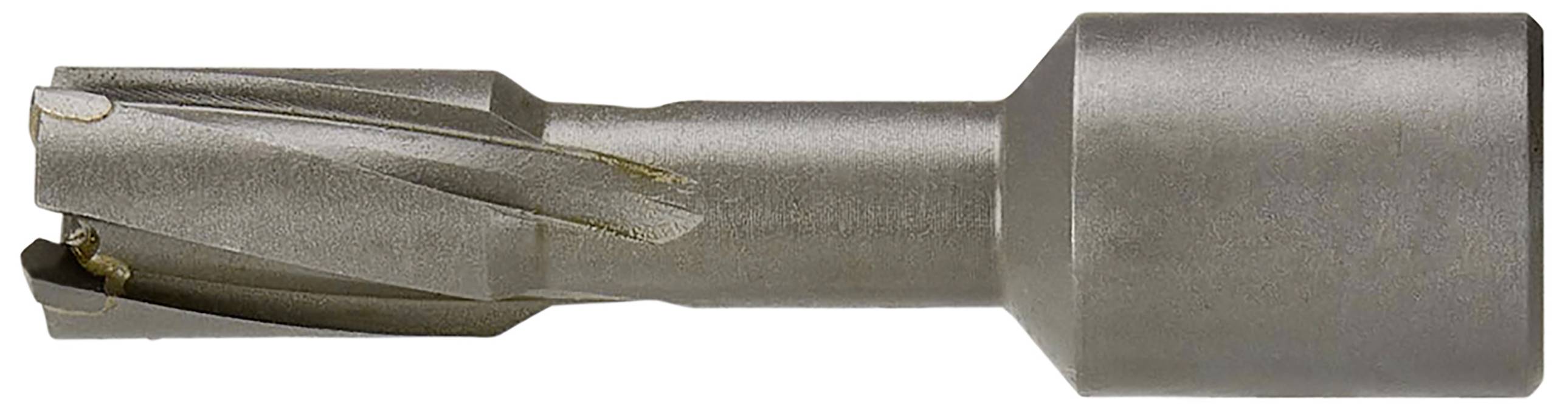 A silver drill bit with a cylindrical shaft and multiple sharp cutting edges, suitable for precise metalworking.
