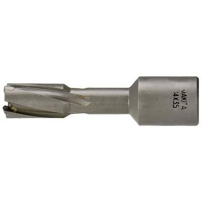 Metal drill bit with a cylindrical shank and spiral flutes, marked 'MAKITA 14X35'.