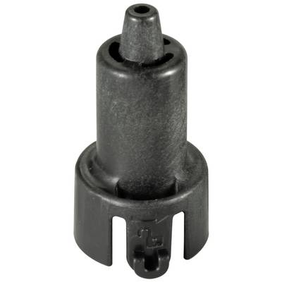 Black plastic nozzle in a cylindrical shape with a narrow opening at the top. It is frequently used for spray devices.