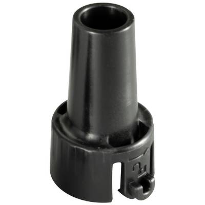 A black cylindrical stub with a wide flange and a mounting bracket at the lower end, often used for hose connections.