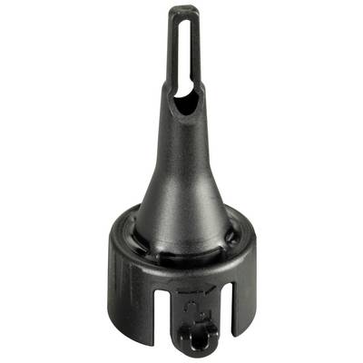 Black nozzle with a narrow opening, standing upright; used for precise applications in technical or craft projects.