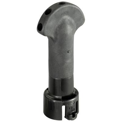 Black plastic handle with multiple holes at the top and an open, round end at the bottom.