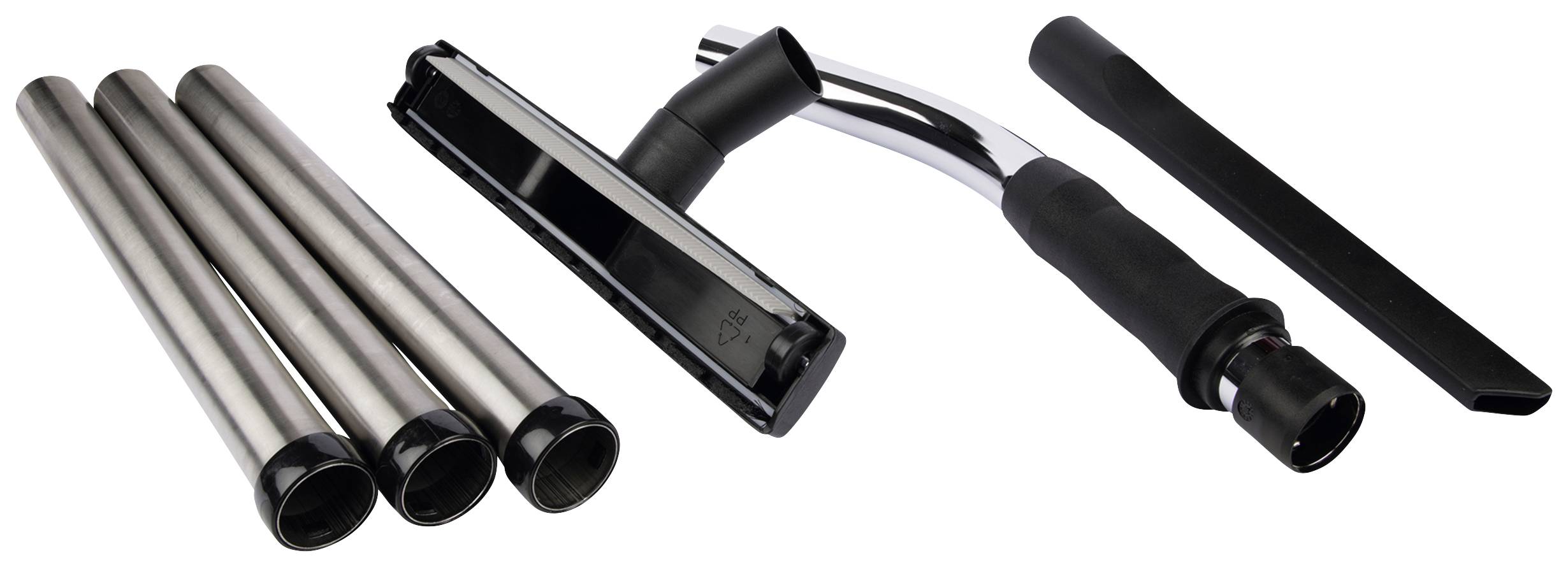Vacuum cleaner accessory set with three metal tubes, a wide floor nozzle and a narrow crevice nozzle, set against a white background.