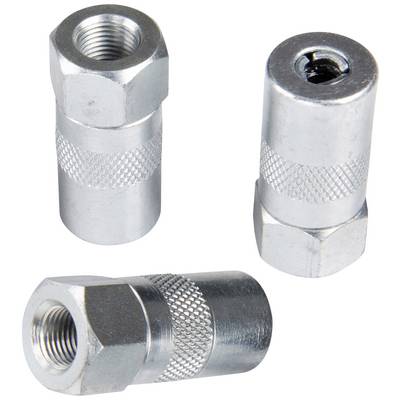Three metallic fittings with a knurled surface, each with an internal thread. They are manufactured from silver-coloured metal.