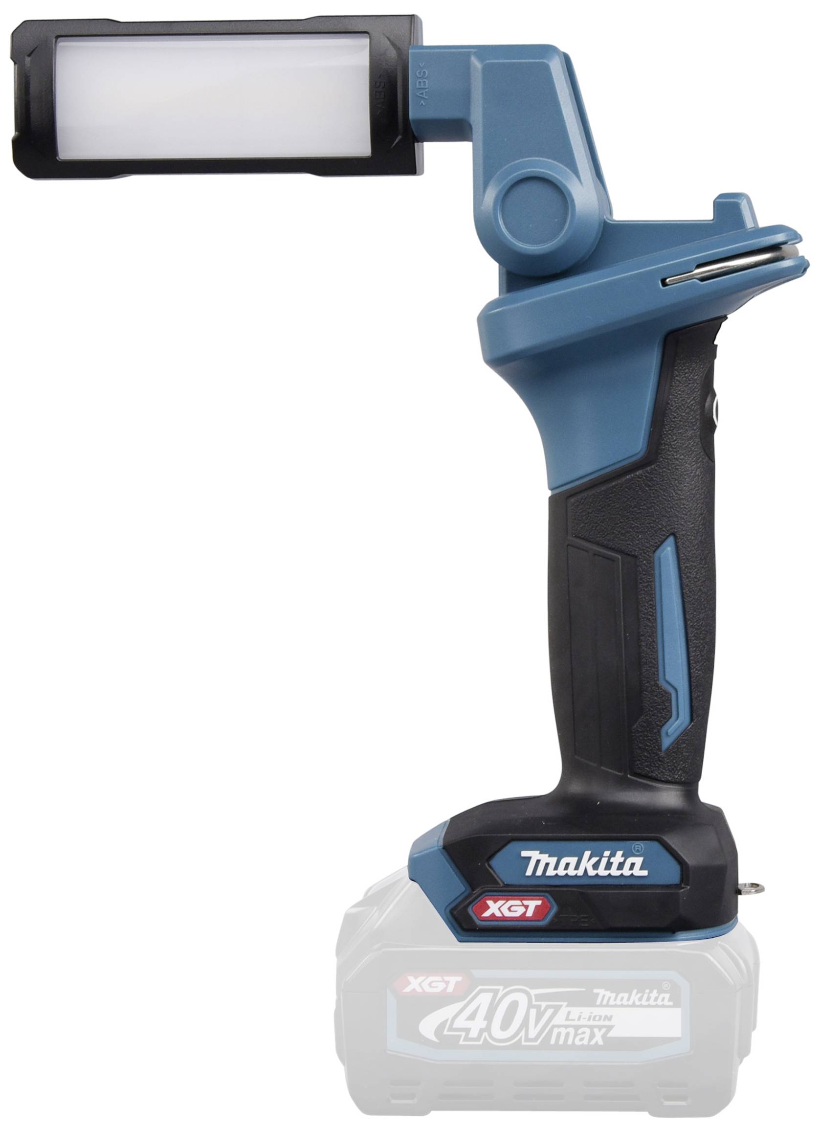 'Battery-powered lamp with a sleek design, navy and black, by Makita. Features an adjustable LED light and a 40V battery.'