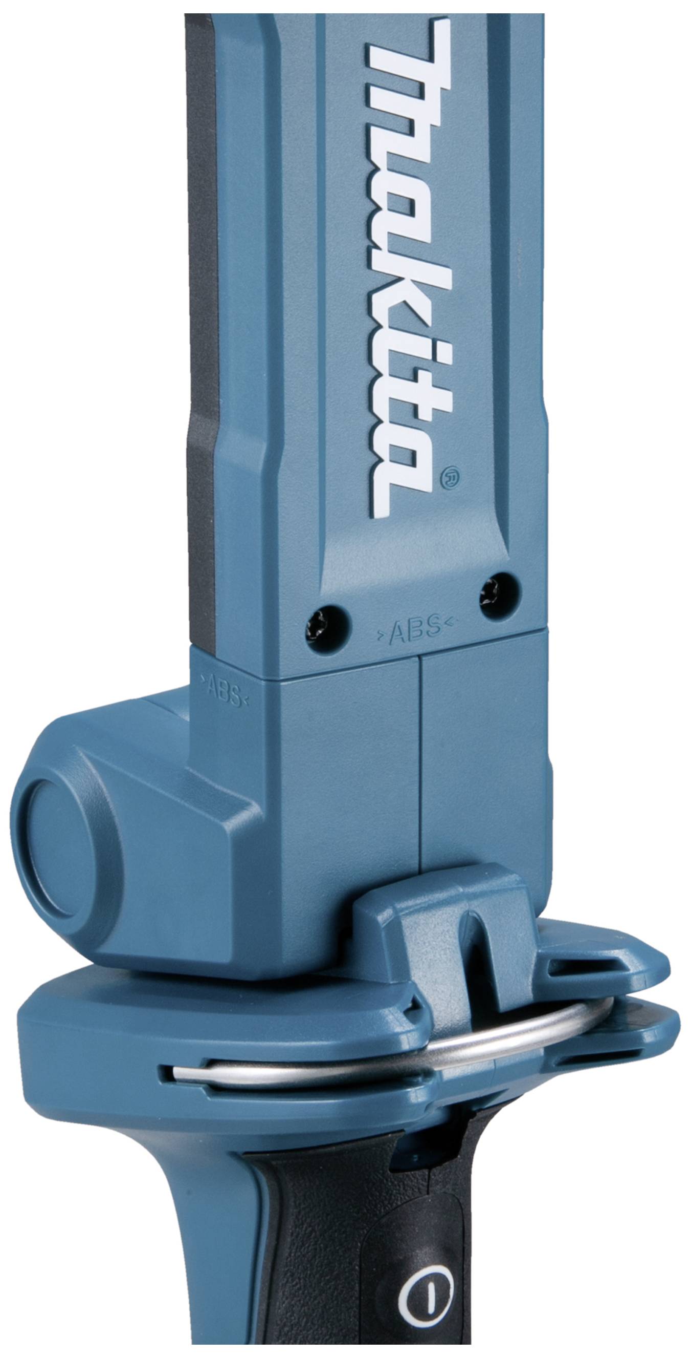 A blue plastic handle of an electric power tool with the inscription 'Makita'.