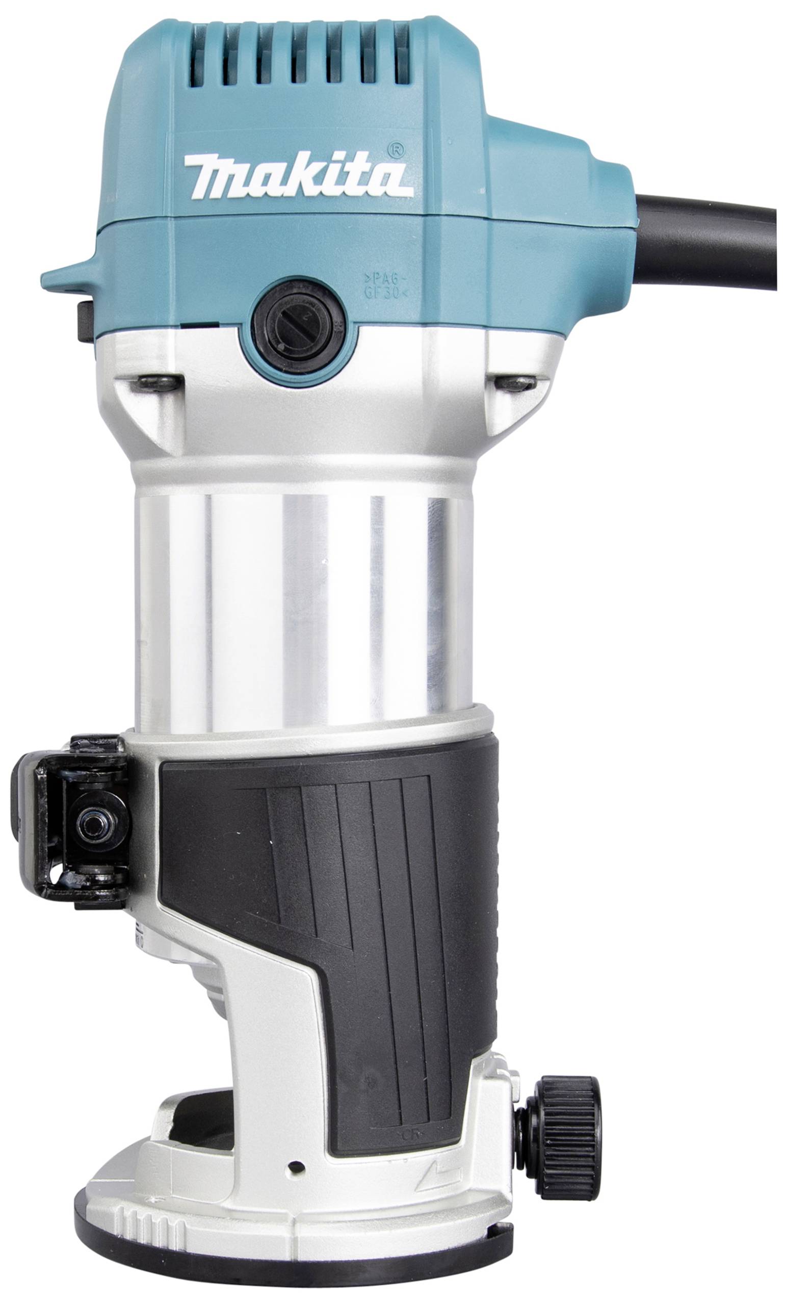 A Makita router with a blue and silver casing. Tool for precise woodworking.