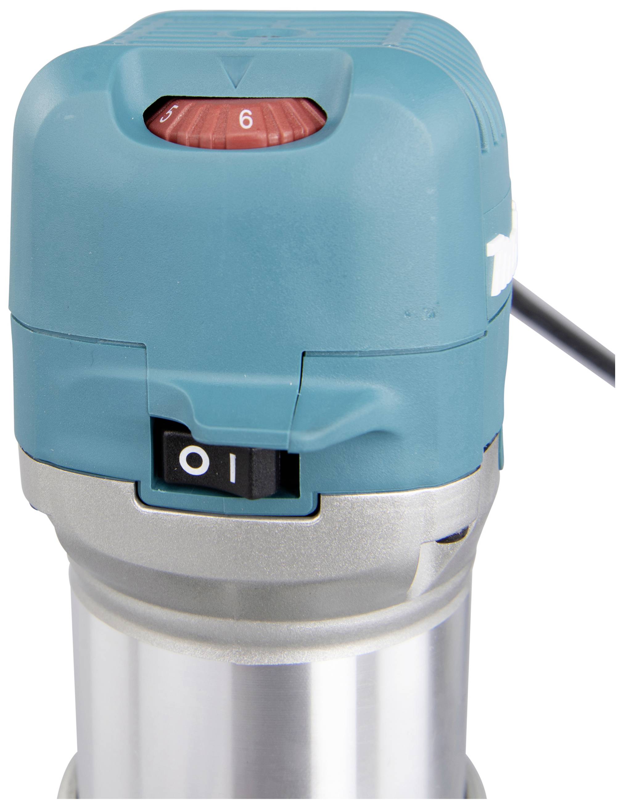 Router with a red rotary knob on the top for adjusting speed and an on/off switch.