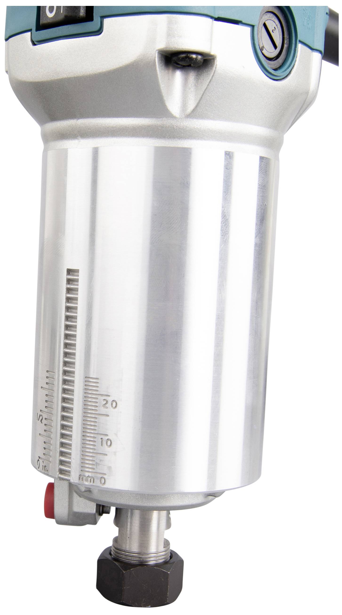 Plunge router with variable speed control. Silver-coloured housing, precision scale. Suitable for woodworking.