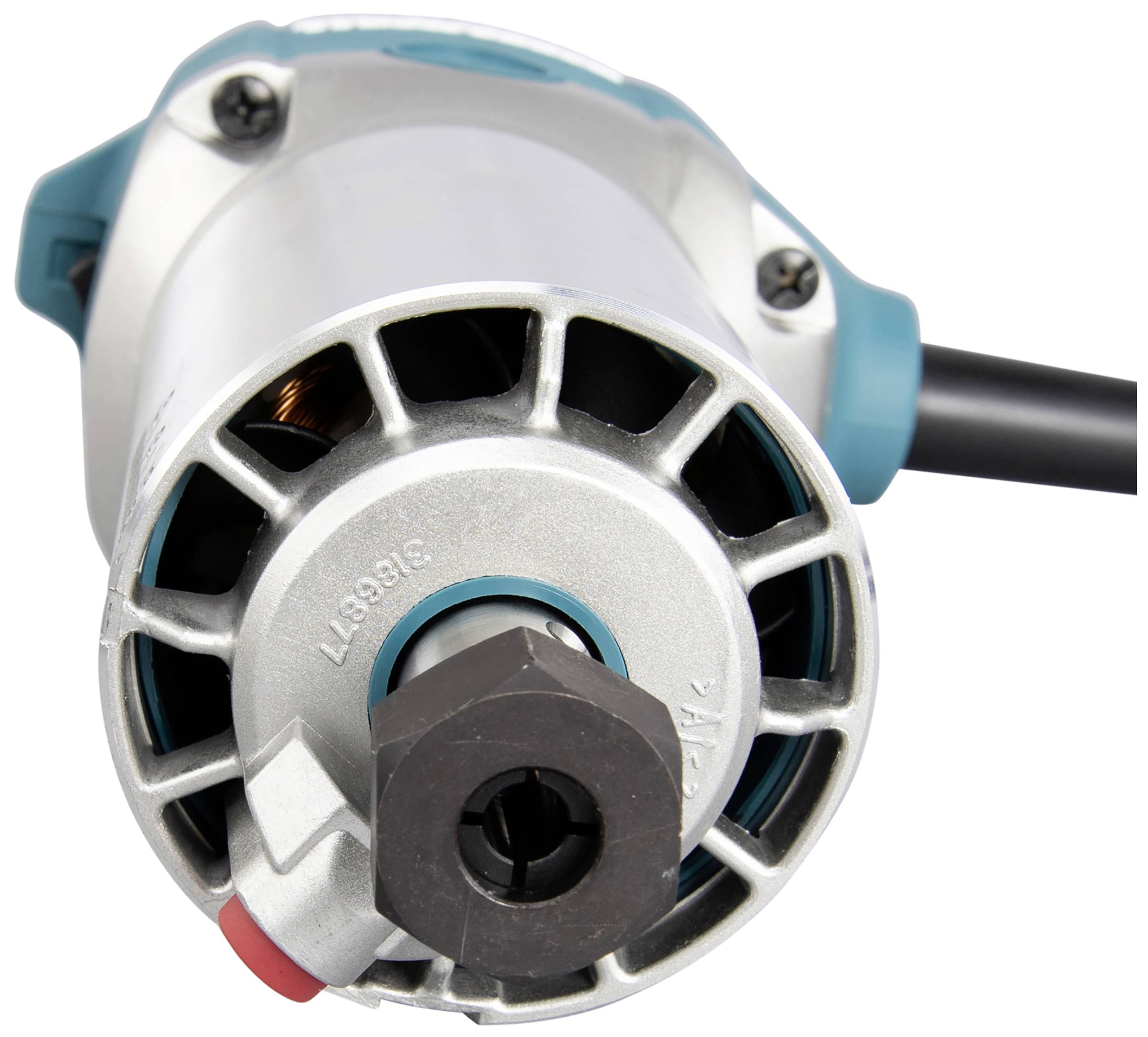 Close-up of a round electrical machine with a metal casing and ventilation slots, presumably an electrical tool.