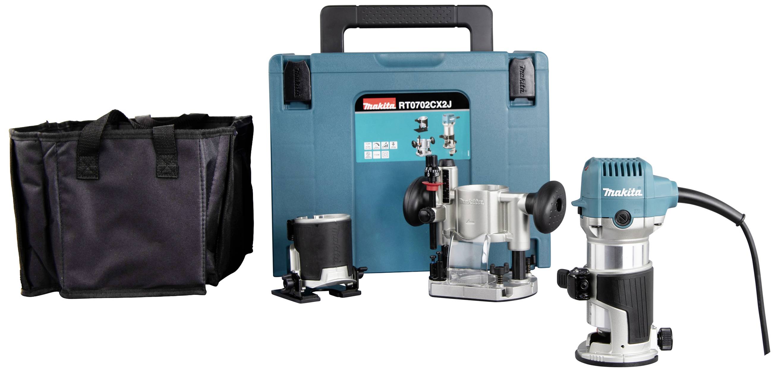 Router Set with Bag, Blue Case and Accessories. Includes a compact router for woodworking, ideal for precise routing.