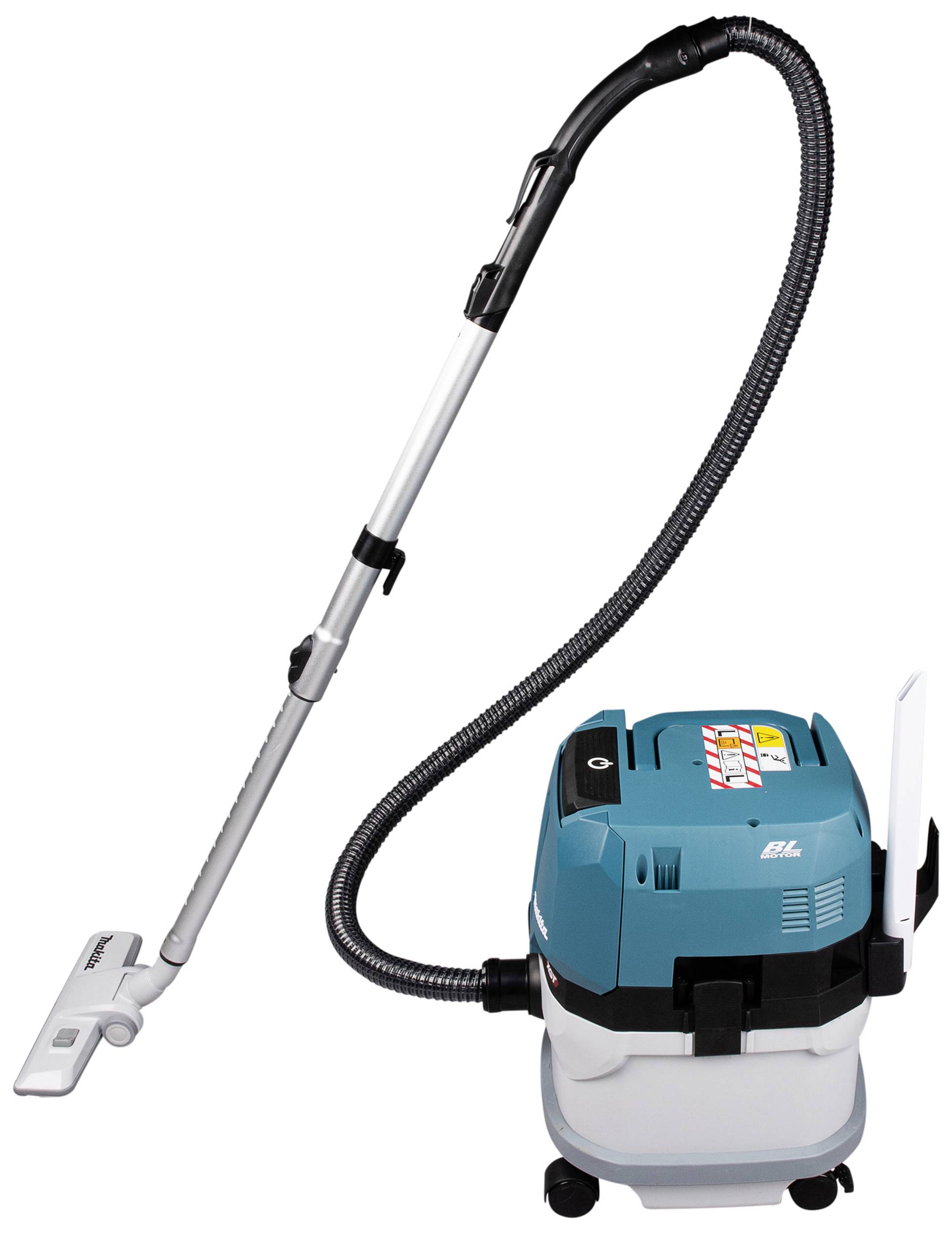 An industrial wet and dry vacuum cleaner with a long hose and floor nozzle, suitable for construction sites or workshops, against a grey background.