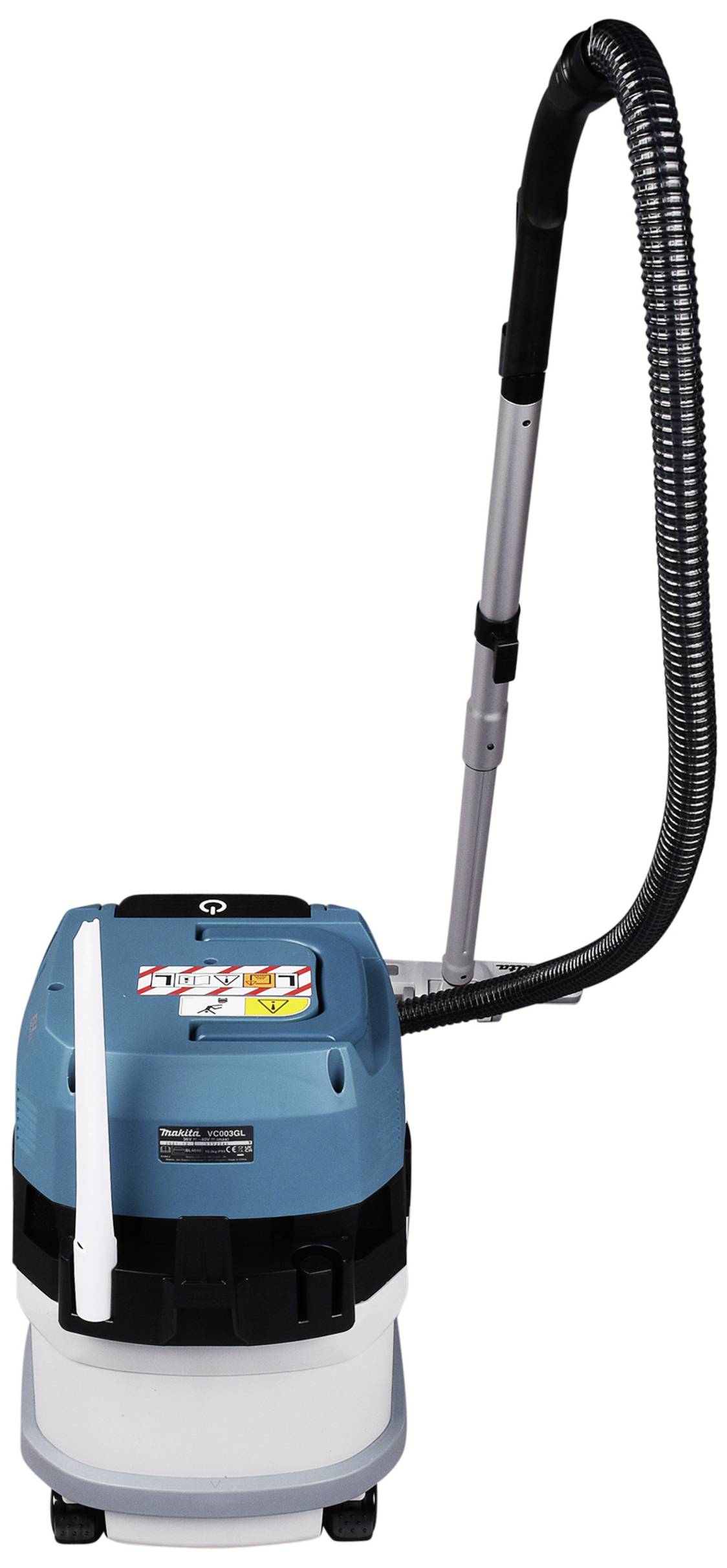 'Vacuum cleaner with blue casing and black suction tube, on white background.'